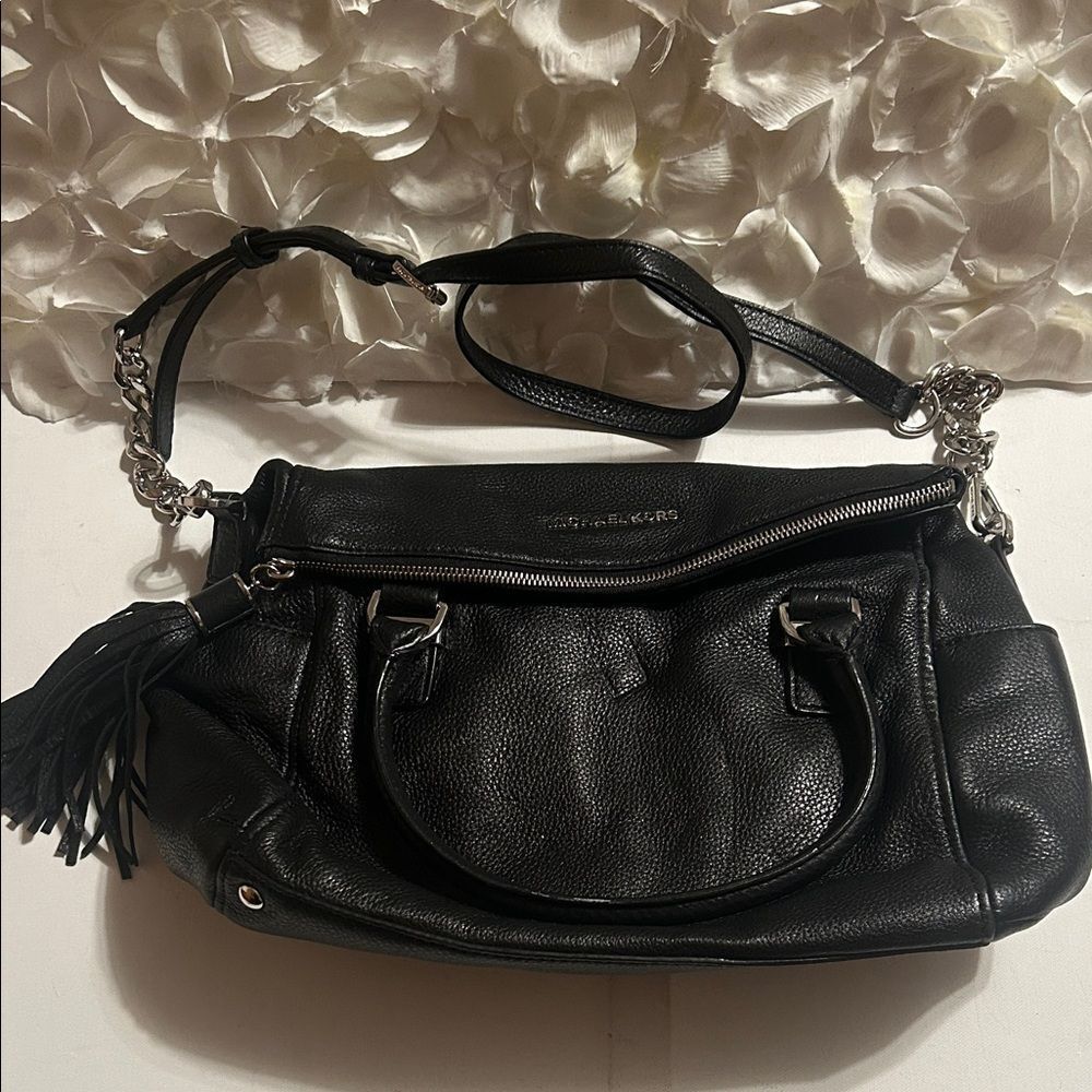 Michael Kors Black Pebbled Leather Shoulder Bag with Silver Hardware